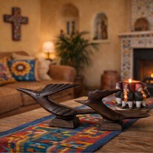 2x hand-carved wooden road runner sculpture, mid-century modern (MCM)